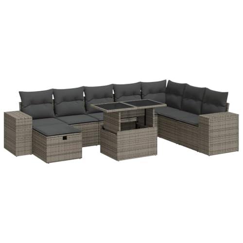 SKM 9-TLG. Garten-Sofagarnitur mit Kissen Grau Poly Rattan,Möbel,Gartenmöbel,Gartenmöbel-Sets,Grau,87.6 kg,3327960 von SKM