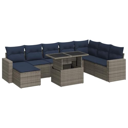 SKM 9-TLG. Garten-Sofagarnitur mit Kissen Grau Poly Rattan Akazie,Möbel,Gartenmöbel,Gartenmöbel-Sets,Grau,81.8 kg,3326372 von SKM
