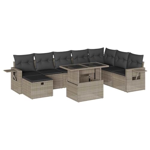 SKM 9-TLG. Garten-Sofagarnitur mit Kissen Hellgrau Poly Rattan,Möbel, Gartenmöbel, Gartenmöbel-Sets,Grau,79.2KG,3275032 von SKM