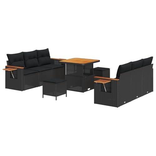 SKM 9-teiliges Garten Sofa Set mit Kissen Schwarz Poly Rattan Akazie,Möbel,Gartenmöbel,Gartensitzmöbel,Gartensofas,Schwarz,76.8KG,3363124 von SKM