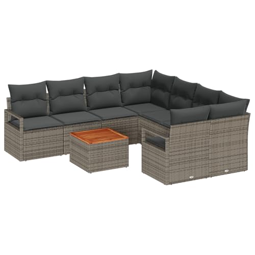 SKM 9-teiliges Garten Sofa Set mit Kissen graues Poly Rattan Akazie,Möbel,Gartenmöbel,Gartensitzmöbel,Gartensofas,Grau,76.4KG,3356354 von SKM