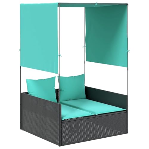 SKM Doppelte Sonnenliege mit Dach und Vorhängen, schwarzes Polyrattan,Möbel,Gartenmöbel,Gartensitzmöbel,Sonnenliegen,Schwarz,21.8 kg,4002763 von SKM