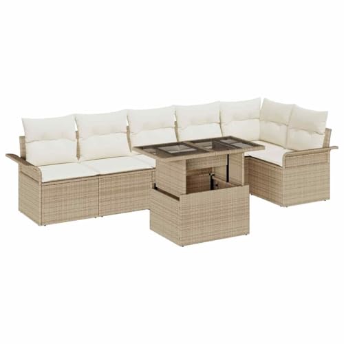 SKM Garten-Sofa-Set mit Kissen 7 pcs Beige Poly Rattan,Möbel,Gartenmöbel,Gartenmöbel-Sets,Beige,63.9 kg,3348297 von SKM