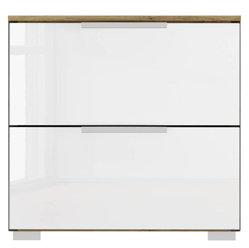 home24 Nachtkommode x2 50cm Weiß/Hochglanz Weiß/Eiche Artisan Dekor Aluminium von home24