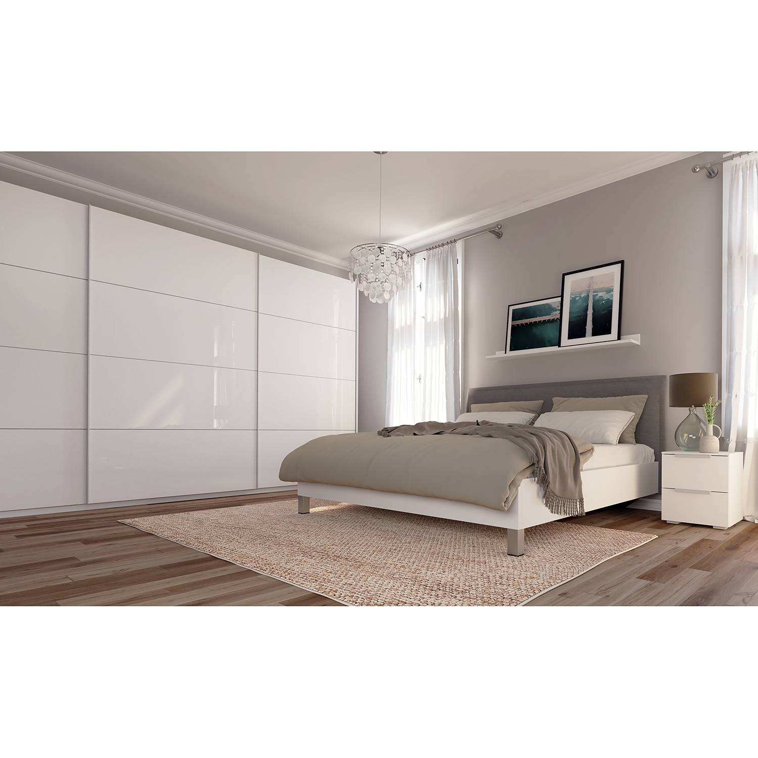 home24 Schwebetürenschrank pure gloss 405 x 222cm Weiß/Hochglanz Weiß/Weiß 3 Türen von home24