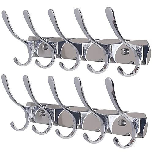 SKOLOO Garderobenleiste, Moderne, stabile Metall Kleiderhaken Wand mit 5 Haken, 2er-Pack, zum Aufhängen von Kleidung, Mantel, Hüten, Jacken, Rucksack, Hakenleiste Silber von SKOLOO