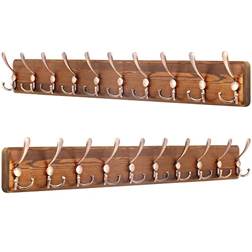 SKOLOO Garderobenleiste Holz, Vintage, Stabile Kleiderhaken Wand mit 10 Dreifachhaken, 2er-Pack, zum Aufhängen von Kleidung, Mantel, Hüten, Jacken, Rucksack, Hakenleiste Holz Antiker auf Braun von SKOLOO