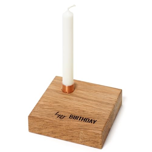 SKONIDA Geburtstagsteller aus Eiche -Kerzenständer minimalistisch - Tischdeko Holz – Mini Kerzenbrett Eiche mit Kupfer Hülse für Baumkerze - Geburtstagskranz – Kerzenplatte mit Gravur Happy Birthday von Skonida