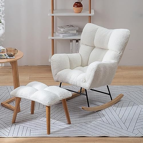 SKORDO Mid-Century Moderner Teddy gepolsterter Schaukelstuhl mit Hocker, Erwachsenensessel, ideal für Wohnzimmer, Schlafzimmer und Lesen – getuftet, Stoff, Komfort-Design von SKORDO