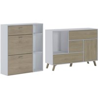 Skraut Home - Eingangs-Set, Wohnzimmer, Beistellmöbel, Farbe der Struktur Weiß und Farbe der Türen und Schubladen Eiche - Buffet- Schuhschrank von SKRAUT HOME