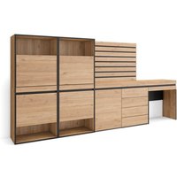 Schuhregal, Schuhschrank, Schuhaufbewahrung, 297x145x35 cm, Für Schlafzimmer, Zimmer, Kommode mit Schubladen, Lamellenwand Holz, Schminktisch, Schuhregal, Schuhschrank, Schuhaufbewahrung, 297x145x35 cm, Für Schlafzimmer, Zimmer, Kommode mit Schubladen, Lamellenwand Holz, Schminktisch, von SKRAUT HOME
