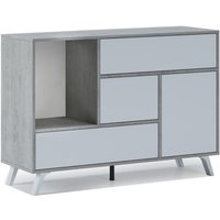 Sideboard für Wohn-/Esszimmer, Buffetschrank mit wind 1 Tür, 3 Schubladen, Strukturfarbe zement, Tür und Schubladen Farbe matt weiss. Größe: von SKRAUT HOME