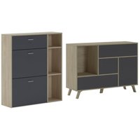 Skraut Home - Eingangs-Set, Wohnzimmer, Beistellmöbel, Farbe der Struktur Eiche und Farbe der Türen und Schubladen Grau - Buffet- Schuhschrank von SKRAUT HOME