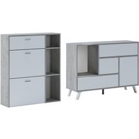 Skraut Home - Eingangs-Set, Wohnzimmer, Beistellmöbel, Farbe der Struktur Zement und Farbe der Türen und Schubladen Weiß - Buffet- Schuhschrank von SKRAUT HOME