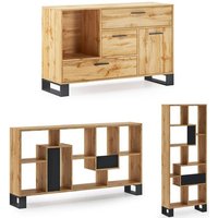 Eingangs-Set Loft - Rustikales Buffet-Regal, Wohnzimmer, Beistellmöbel, Strukturfarbe Eiche, schwarze Beine - braun - Skraut Home von SKRAUT HOME