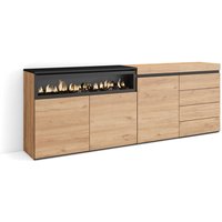 Sideboard, Kommode, Aufbewahrungsschrank, 207x75x35 cm, Für Schlafzimmer, Zimmer, Elektrokamin., Kommode mit Schubladen, Moderner Stil, Eiche von SKRAUT HOME