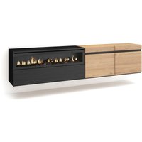 TV-Schrank, Lowboard, für Wohnzimmer und Esszimmer, 200x45x35cm, Für TV-Geräte bis zu 80', Elektrokamin. Maße, Hängend, Moderner Stil, Eiche Schwarz von SKRAUT HOME