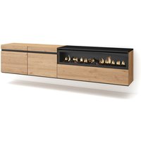 TV-Schrank, Lowboard, für Wohnzimmer und Esszimmer, 200x45x35cm, Für TV-Geräte bis zu 80', Elektrokamin. Maße, Hängend, Moderner Stil, Eiche Schwarz von SKRAUT HOME