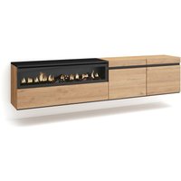 TV-Schrank, Lowboard, für Wohnzimmer und Esszimmer, 200x45x35cm, Für TV-Geräte bis zu 80', Elektrokamin. Maße, Hängend, Moderner Stil, Eiche Schwarz von SKRAUT HOME