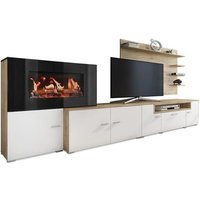 Wohnmöbel mit elektrischem Kamin mit 5 Flammenstufen, mattweißer Oberfläche und gebürsteter heller Eiche, Maße: 290 x 170 x 45 cm tief - Skraut Home von SKRAUT HOME