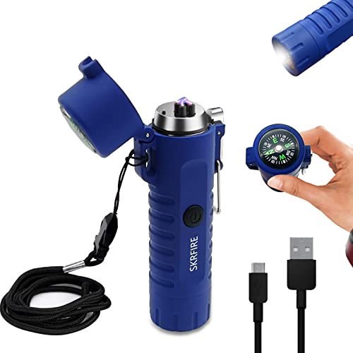 Elektrisches Feuerzeug, USB-wiederaufladbares Feuerzeug mit LED-Taschenlampe und Kompass, winddichtes Lichtbogen-Feuerzeug, wasserdicht, Dual-Arc Plasma-Feuerzeug (blau) von SKRFIRE
