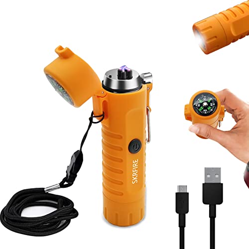 Elektrisches Feuerzeug, über USB wiederaufladbares Feuerzeug mit LED-Taschenlampe und Kompass, winddichtes Lichtbogen-Feuerzeug, wasserdicht, Dual-Plasma-Feuerzeug (Orange). von SKRFIRE