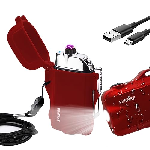 SKRFIRE Winddichtes Feuerzeug, Wasserdichtes Feuerzeug Dual Arc Feuerzeug Elektrisches Feuerzeug Wiederaufladbares USB Flammenloses Plasma Feuerzeug (Rot) von SKRFIRE