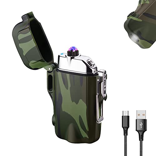 Winddichtes Wasserdichtes Feuerzeug Doppelbogenfeuerzeug mit LED-Taschenlampe, Wiederaufladbares USB Flammenloses Plasma Feuerzeugs (Camouflage) von SKRFIRE