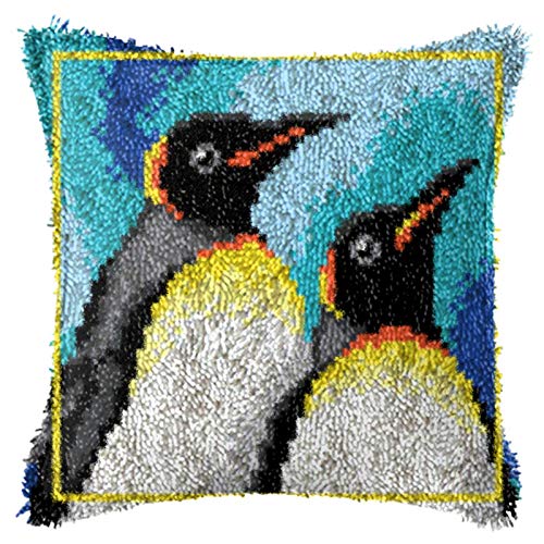 SKTWOE DIY Knüpfpackung Knüpfen Pinguin Knüpfkissen Für Kinder Erwachsene Quadratische Kissenbezüge Kissen Mit Bedruckter Leinwand DIY Häkelgarn Kits Bastelset Erwachsene 43 X 43Cm,B von SKTWOE