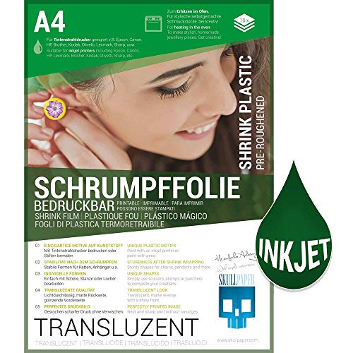 SKULLPAPER® Schrumpffolie - Bedruckbar, Beschreibbar, Bemalbar, Bestempelbar für individuellen Schmuck und mehr (A4-10 Blatt) (Transparent) von SKULLPAPER