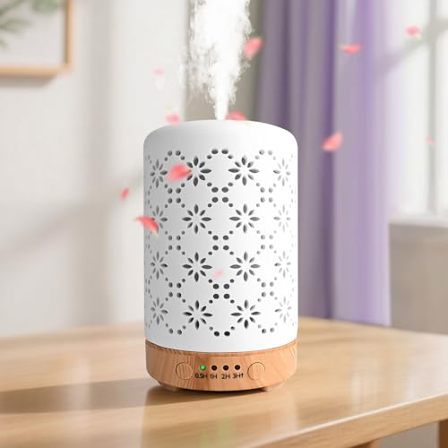 Keramik Aroma Diffuser, 100ml Aroma Diffuser für Ätherische Öle, Ultraschall Luftbefeuchter, Lochmuster 7 Farbe LED mit 4 Timer Einstellung, Wasserlos-Ausschaltfunktion, für Schlafzimmer, Büro Yoga von SKUTZTEK