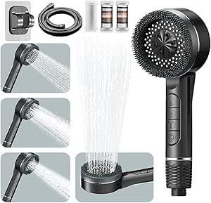 Duschkopf mit Filter, Hochdruck Handbrause mit Schlauch, 4 Strahlarten Duschkopf Wassersparend mit Filtration (Grey-1) von SKUURTFR