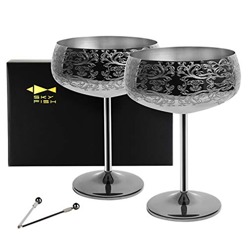 SKY FISH Martini Gläser, Edelstahl Champagner Schalen 2er Set, 400 ml Sektschale mit 2 Cocktail-Plektren, Handwäsche, (schwarz) von SKY FISH