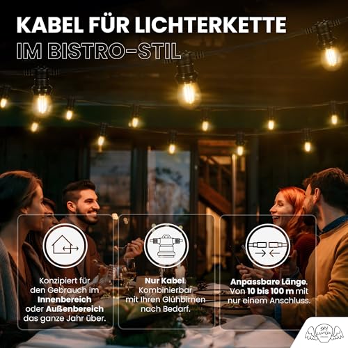 SKYLANTERN® Lichterkette Guinguette IP65 30m Schwarz Raccordierbar – Outdoor Lichterkette mit 30 E27 Fassungen – Wasserdichte Gartenbeleuchtung für Terrasse, Bar und Feste von SKYLANTERN
