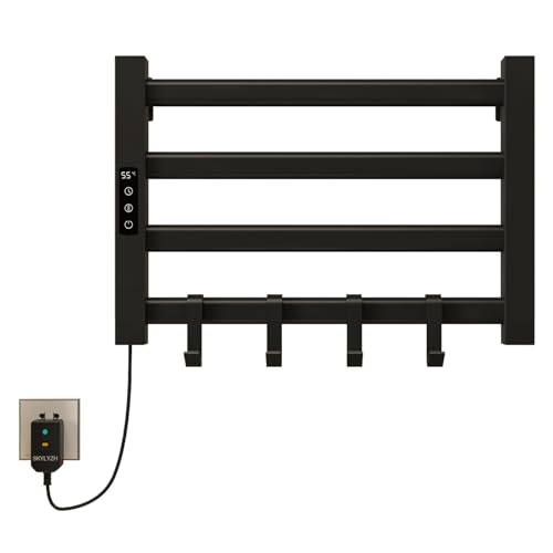 SKYLYZH Handtuchheizkörper Elektrisch Klein, 550x400mm Badheizkörper, 80W Handtuchhalter Heizung, Elektrischer Handtuchheizkörper 30-70℃ einstellbare Temperatur, 1-9 Stunden Zeitmessung-Black Left von SKYLYZH