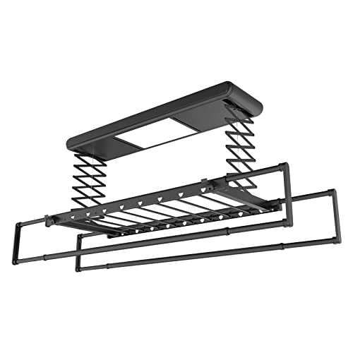 SKYLYZH Elektrischer Wäscheständer,Elektrischer Deckenwäschetrockner, Hebender wäascheständer Decke, Kleiderstange 1,3-2,3 m, mit Fernbedienung + LED-Beleuchtung + 1,3 m elektrische Hubhöhe-Black von SKYLYZH