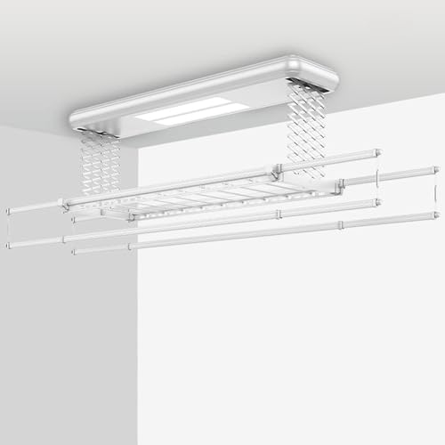 SKYLYZH Elektrischer Wäscheständer,Elektrischer Deckenwäschetrockner, Hebender wäascheständer Decke, Kleiderstange 1,3-2,3 m, mit Fernbedienung + LED-Beleuchtung + 1,3 m elektrische Hubhöhe-Silver von SKYLYZH