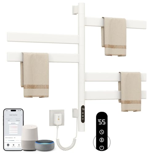 SKYLYZH Handtuchheizkörper 180° Drehung Elektrisch Handtuchwärmer Handtuchtrockner 450×680mm 120W Weiß Elektrisch Badheizkörper Elektrisch Handtuchheizung mit Timer und Thermostat-G68 WiFi White von SKYLYZH