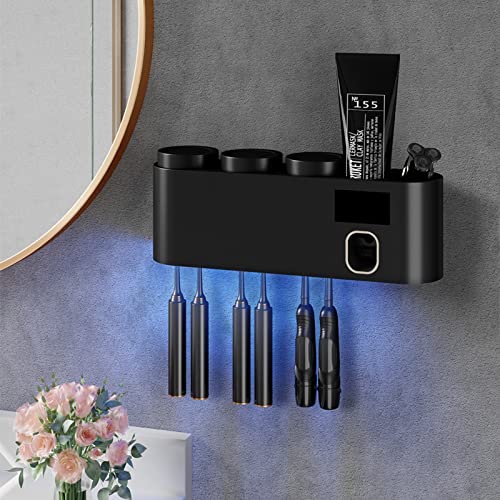 UV Zahnbürstenhalter Desinfektion, Badezimmer Caddy für Zahnbürsten Badezimmer elektrisch, Zahnbürsten Halter Sterilisator Wand, Solar- oder USB-Aufladung, 3 Tassen, 6 Zahnpasta Halter-UV Black von SKYLYZH