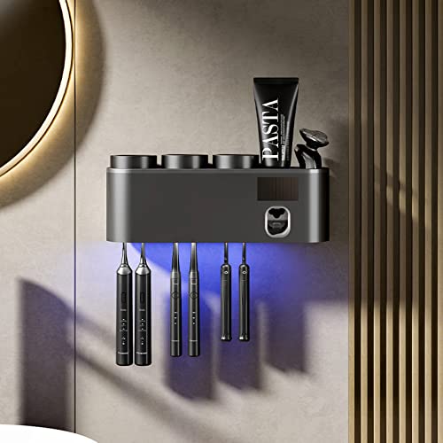 UV Zahnbürstenhalter Desinfektion, Badezimmer Caddy für Zahnbürsten Badezimmer elektrisch, Zahnbürsten Halter Sterilisator Wand, Solar- oder USB-Aufladung, 3 Tassen, 6 Zahnpasta Halter-UV Gray von SKYLYZH