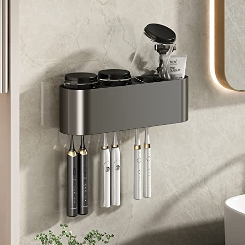 SKYLYZH Zahnbürstenhalter Wandmontage, Badezimmer Zahnbürstenhalter Organizer, Toothbrush Holder mit Zahnpasta-Aufbewahrungsbox, 3 Tassen, 6 Zahnpastaständer, zahnbürsten Halter-Grey von SKYLYZH