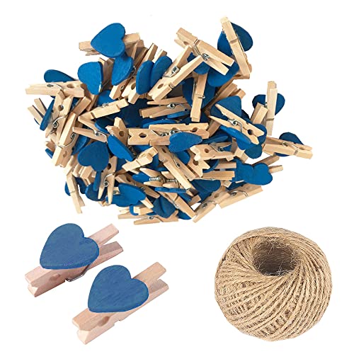 100 Stück blaue Mini-Wäscheklammern aus Holz, mehrfarbig, kleine Wäscheklammern mit Herz, 3 cm Herz-Foto-Clips, kleine Wäscheklammern mit Schnur für Fotos, Hochzeits- und Babyparty-Dekoration von SKYPRO