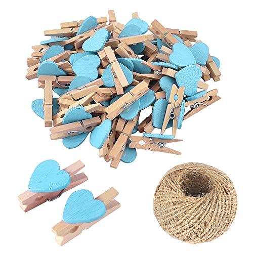 100 Stück hellblaue Mini-Wäscheklammern aus Holz, mehrfarbig, kleine Wäscheklammern mit Herz, 3 cm Herz-Foto-Clips, kleine Wäscheklammern mit Schnur für Fotos, Hochzeits- und Babyparty-Dekoration von SKYPRO