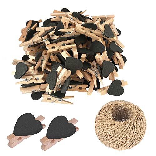 100 Stück schwarze Mini-Wäscheklammern aus Holz, mehrfarbig, kleine Wäscheklammern mit Herz, 3 cm Herz-Foto-Clips, kleine Wäscheklammern mit Schnur für Fotos, Hochzeit und Babyparty-Dekoration von SKYPRO