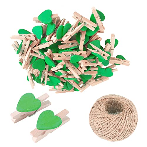 100 x grüne Mini-Wäscheklammern aus Holz, mehrfarbig, kleine Wäscheklammern mit Herz, 3 cm Herz-Foto-Clips, kleine Wäscheklammern mit Schnur für Fotos, Hochzeits- und Babyparty-Dekoration von SKYPRO