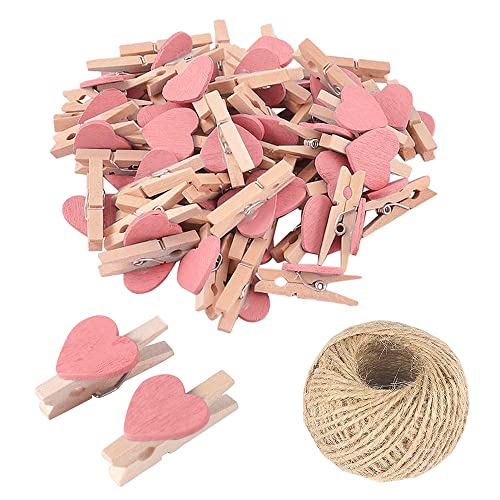 100 x rosa Mini-Wäscheklammern aus Holz, mehrfarbig, kleine Wäscheklammern mit Herz, 3 cm Herz-Foto-Clips, kleine Wäscheklammern mit Schnur für Fotos, Basteln, Hochzeit und Babyparty-Dekoration von SKYPRO