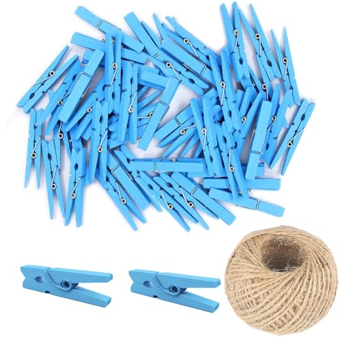 200 Stück Mini-Holzklammern, 25 mm, natürliche Holzklammern, Wäscheklammern, Wäscheklammern, Wäscheklammern mit 25 m Jute-Schnur (blau) von SKYPRO