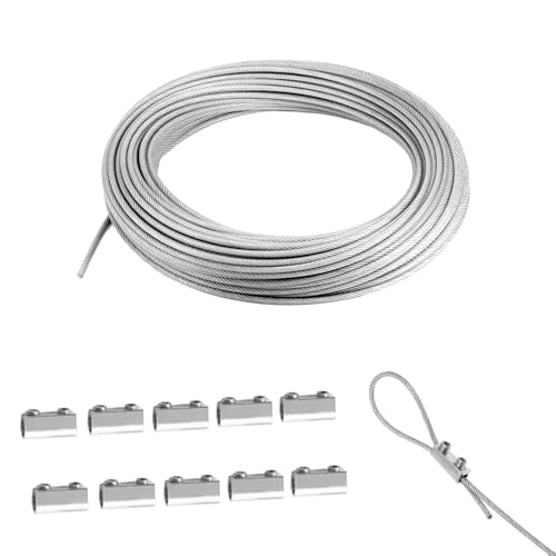 Drahtseil aus 304 Edelstahl mit 10 wiederverwendbaren Drahtseil-Kabelklemmen, Drahtseilklemmen mit Schraube, Durchmesser 1,5 mm, Drahtseil zum Trocknen im Freien oder zum Basteln, Typ C, 5 m von SKYPRO