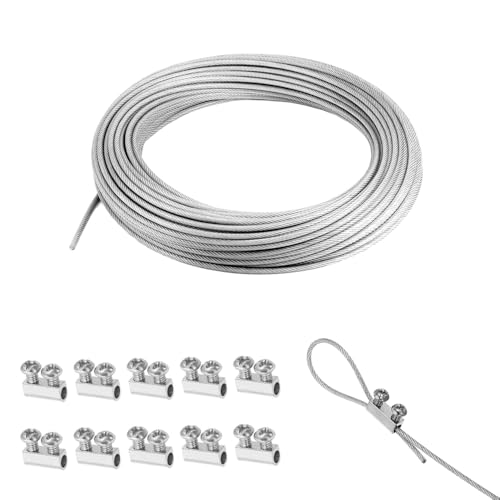 Drahtseil aus 304 Edelstahl mit 10 wiederverwendbaren Drahtseil-Kabelklemmen, Drahtseilklemmen mit Schraube, Durchmesser 1,5 mm, Drahtseil zum Trocknen im Freien oder zum Basteln, Typ D, 5 m von SKYPRO