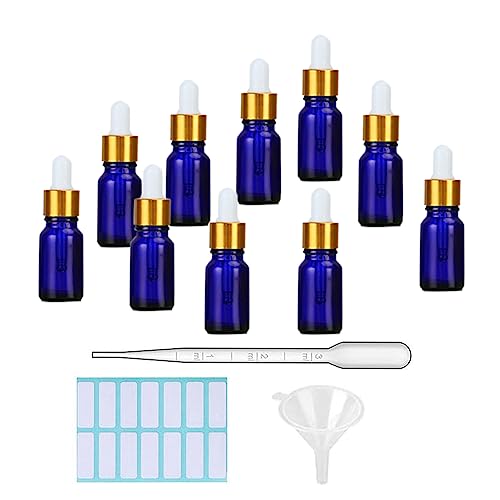 SKYPRO 10 Stück blaue Glas-Tropfflaschen mit 1 Trichter & 1 Pipette & 14 Stück/Blatt kleine Flaschenaufkleber 10 ml Glasflaschen für ätherische Öle, Flüssigkeiten – Goldene Abdeckung von SKYPRO